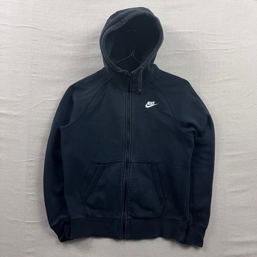 Nike Full Zip Hoodie Mens Medium Black Embroidered Logo Raglan Fleece Sweatshirt - Picture 1 of 7